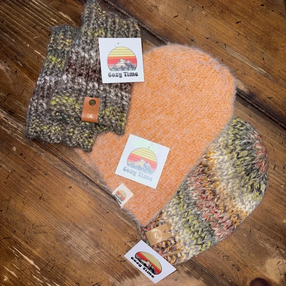 Handmade Lot Of Wool Beanie And Fingerless Mitten Gloves And Fluffy Beanie Hat